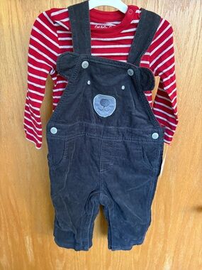 Cat & Jack Red Stripe Top with Black Corduroy Bear Overalls